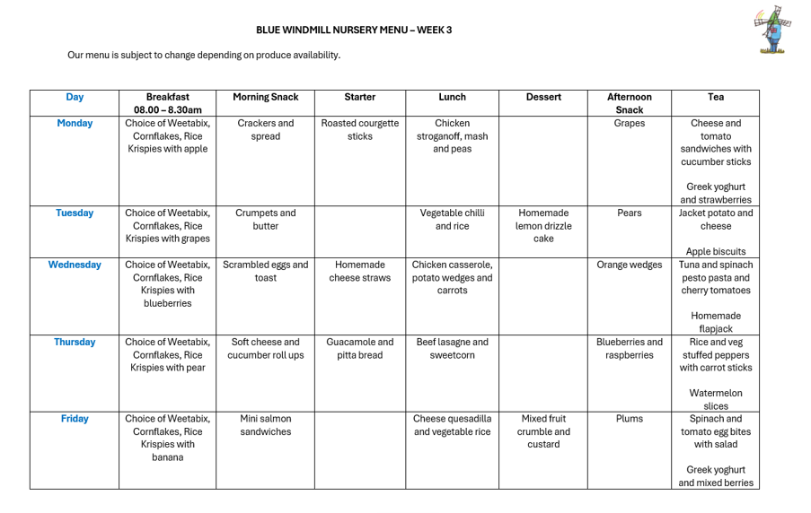 Blue Windmill Nursery example menu